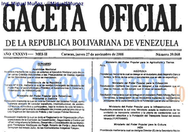 Gaceta Oficial 39068 del 27 Noviembre 2008