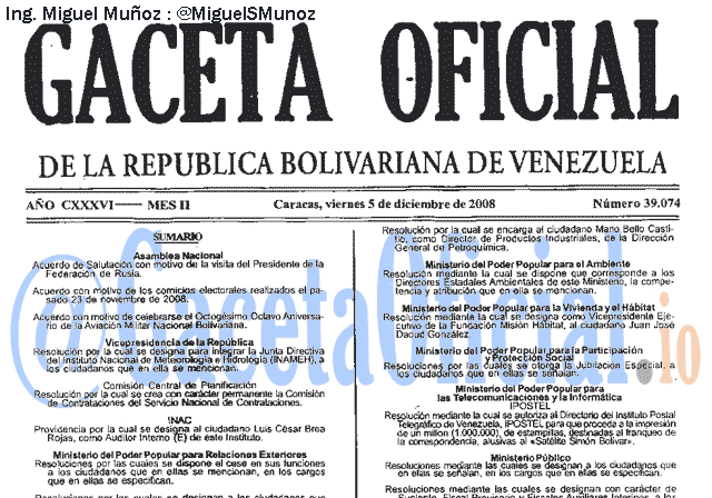 Gaceta Oficial 39074 del 5 Diciembre 2008