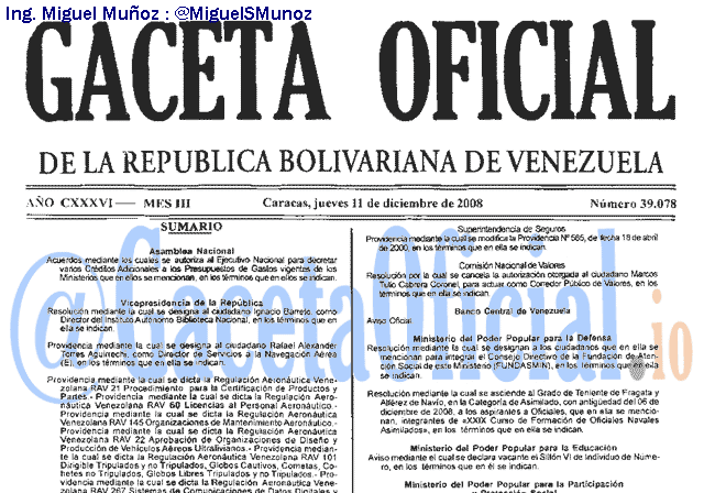 Gaceta Oficial 39078 del 11 Diciembre 2008