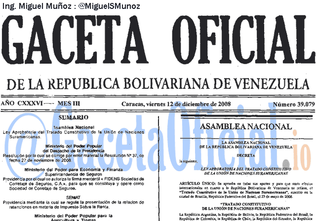 Gaceta Oficial 39079 del 12 Diciembre 2008
