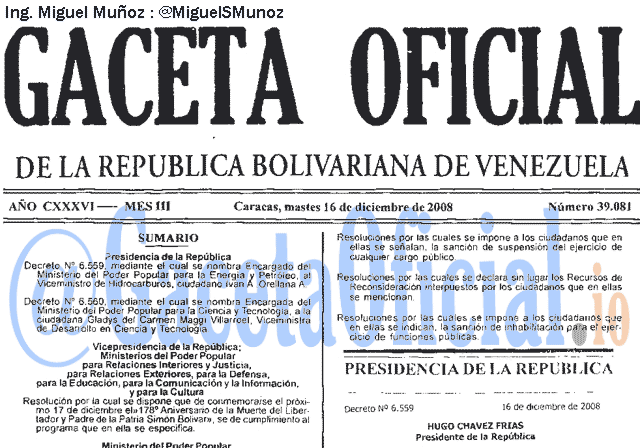 Gaceta Oficial 39081 del 16 Diciembre 2008