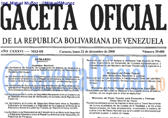 Gaceta Oficial 39085 del 22 Diciembre 2008