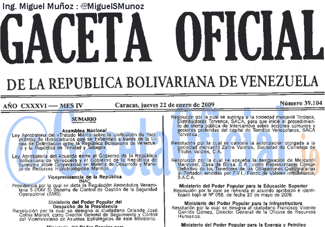Gaceta Oficial 39104 del 22 Enero 2009