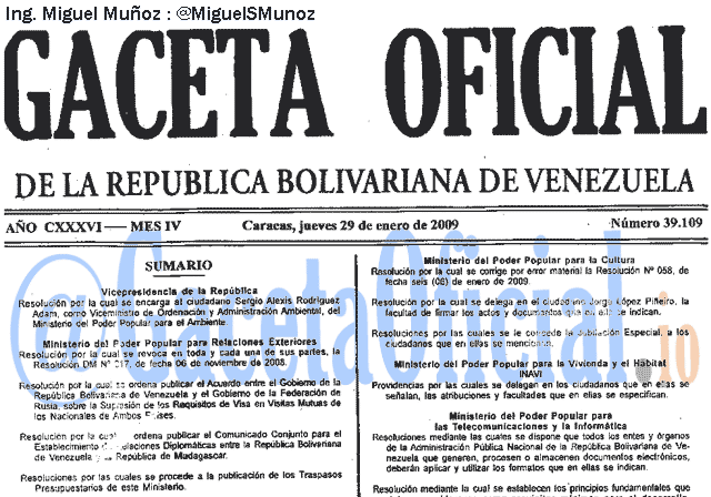 Gaceta Oficial 39109 del 29 Enero 2009