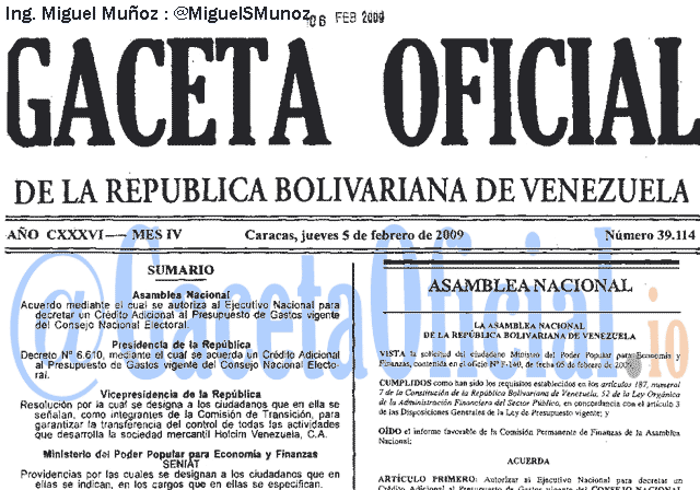 Gaceta Oficial 39114 del 5 Febrero 2009