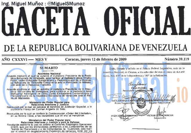 Gaceta Oficial 39119 del 12 Febrero 2009