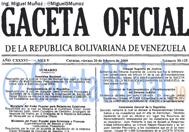 Gaceta Oficial 39125 del 20 Febrero 2009
