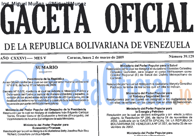 Gaceta Oficial 39129 del 2 Marzo 2009