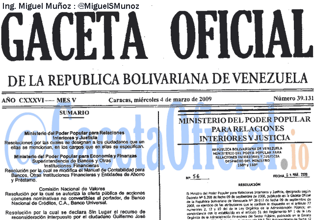 Gaceta Oficial 39131 del 4 Marzo 2009