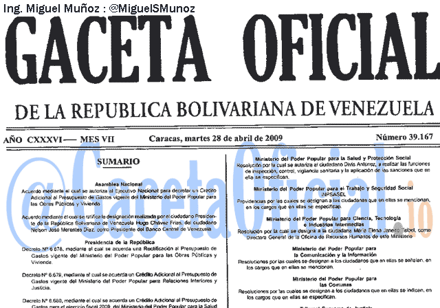 Gaceta Oficial 39167 del 28 Abril 2009