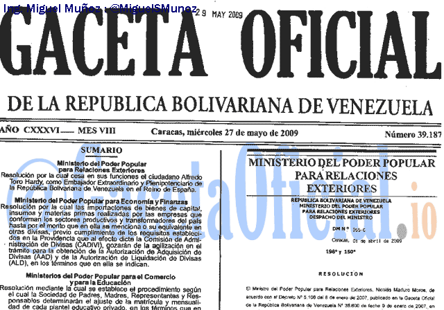 Gaceta Oficial 39187 del 27 Mayo 2009