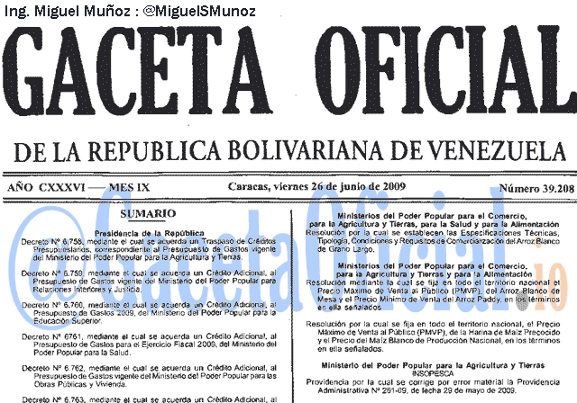 Gaceta Oficial 39208 del 26 Junio 2009