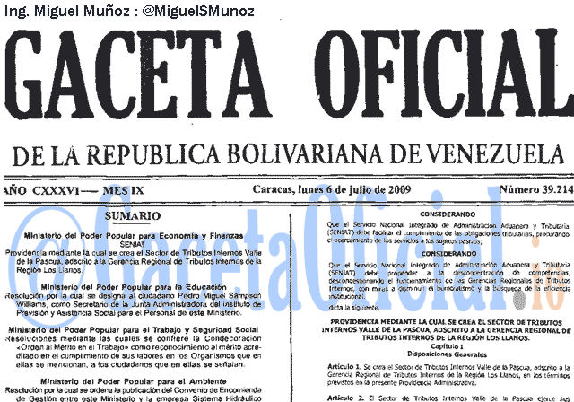 Gaceta Oficial 39214 del 6 Julio 2009