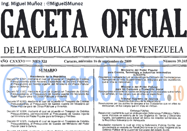 Gaceta Oficial 39265 del 16 Septiembre 2009