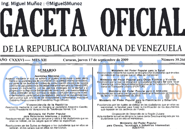 Gaceta Oficial 39266 del 17 Septiembre 2009