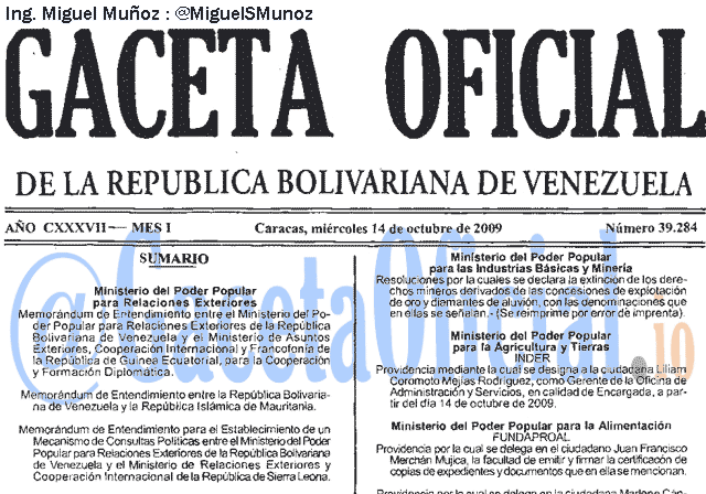 Gaceta Oficial 39284 del 14 Octubre 2009