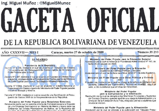 Gaceta Oficial 39293 del 27 Octubre 2009