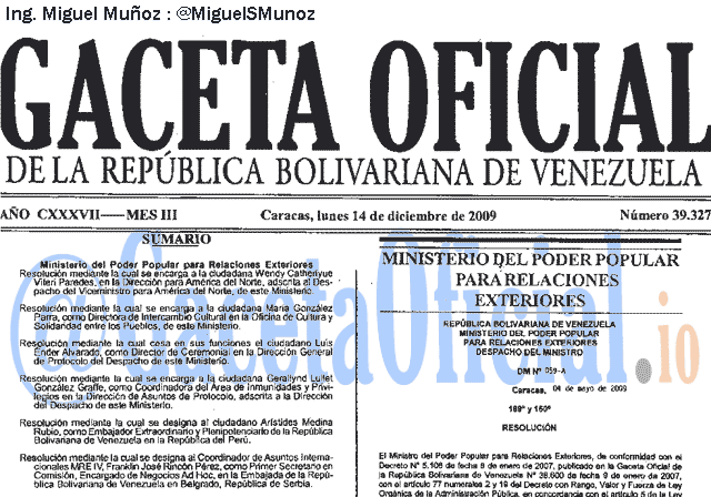Gaceta Oficial 39327 del 14 Diciembre 2009