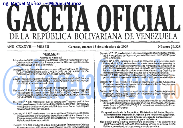 Gaceta Oficial 39328 del 15 Diciembre 2009