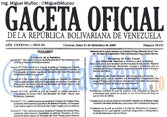 Gaceta Oficial 39332 del 21 Diciembre 2009