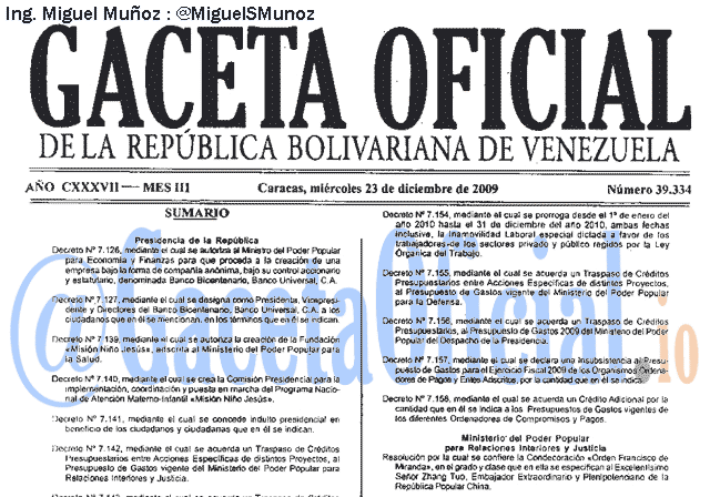 Gaceta Oficial 39334 del 23 Diciembre 2009