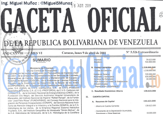 Gaceta Oficial 5526 del 9 Abril 2001