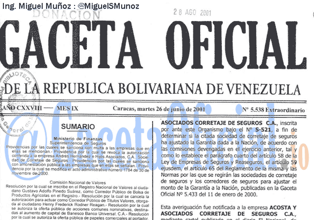 Gaceta Oficial 5538 del 26 Junio 2001
