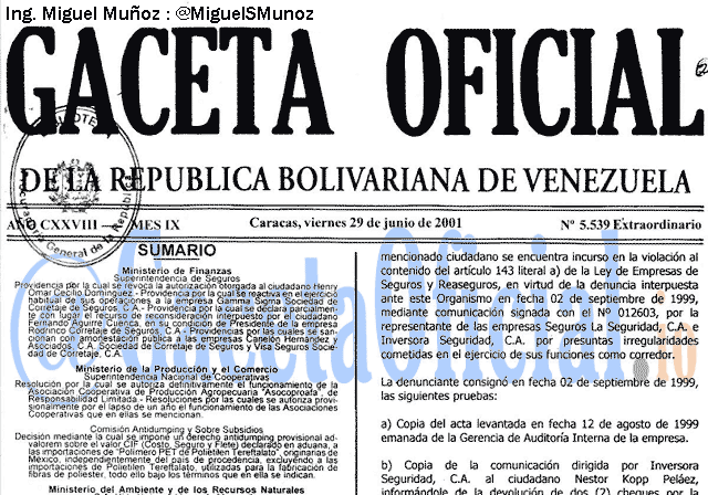 Gaceta Oficial 5539 del 29 Junio 2001