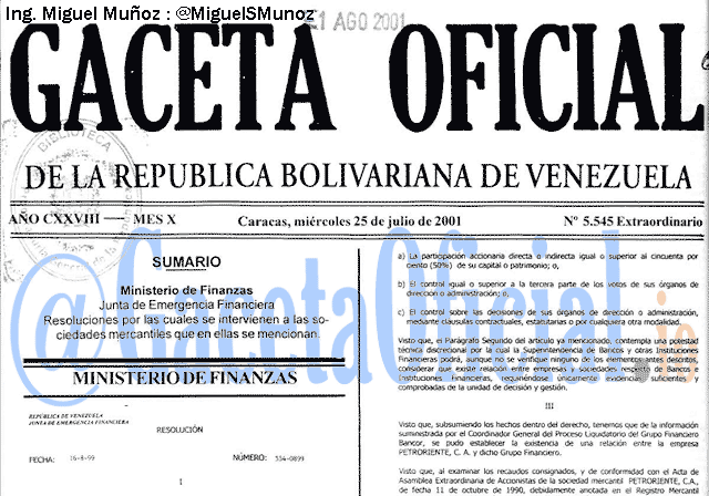 Gaceta Oficial 5545 del 25 Julio 2001