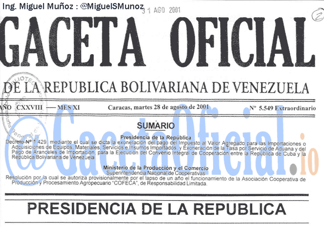 Gaceta Oficial 5549 del 28 Agosto 2001