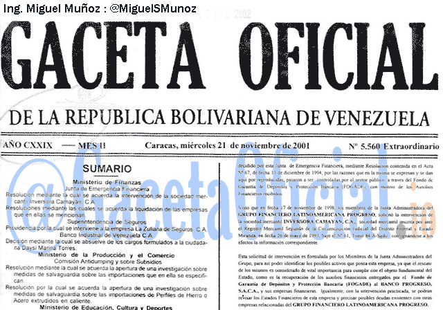 Gaceta Oficial 5560 del 21 Noviembre 2001