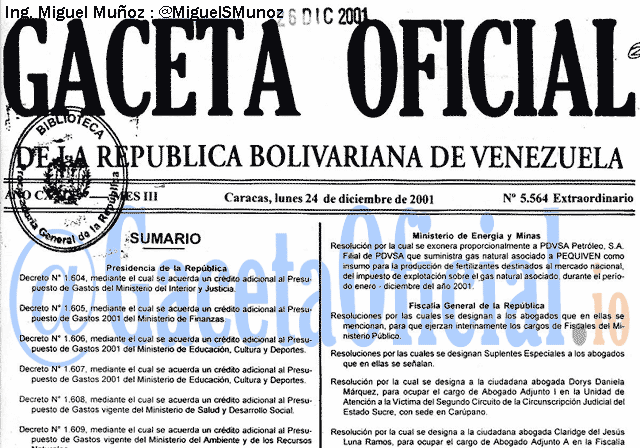 Gaceta Oficial 5564 del 24 Diciembre 2001