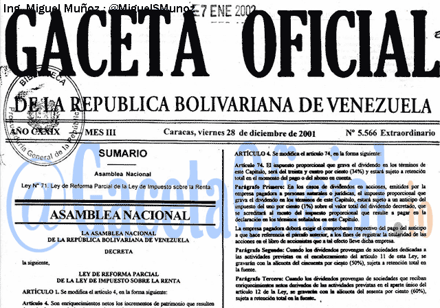 Gaceta Oficial 5566 del 28 Diciembre 2001
