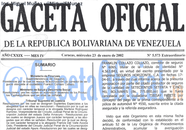 Gaceta Oficial 5573 del 23 Enero 2002