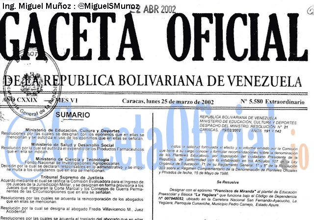 Gaceta Oficial 5580 del 25 Marzo 2002