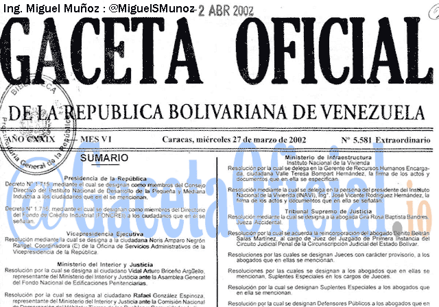 Gaceta Oficial 5581 del 27 Marzo 2002