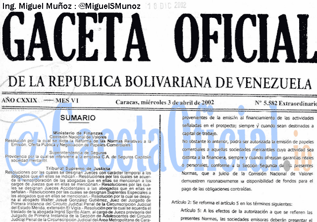 Gaceta Oficial 5582 del 3 Abril 2002