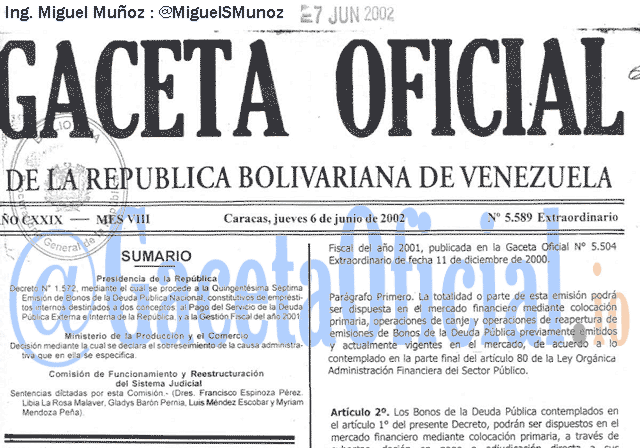 Gaceta Oficial 5589 del 6 Junio 2002