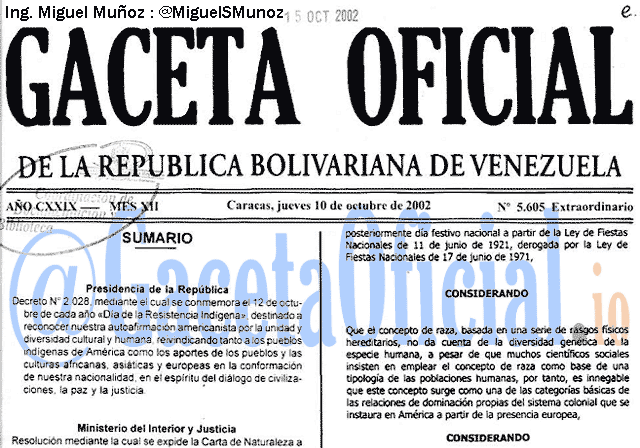 Gaceta Oficial 5605 del 10 Octubre 2002