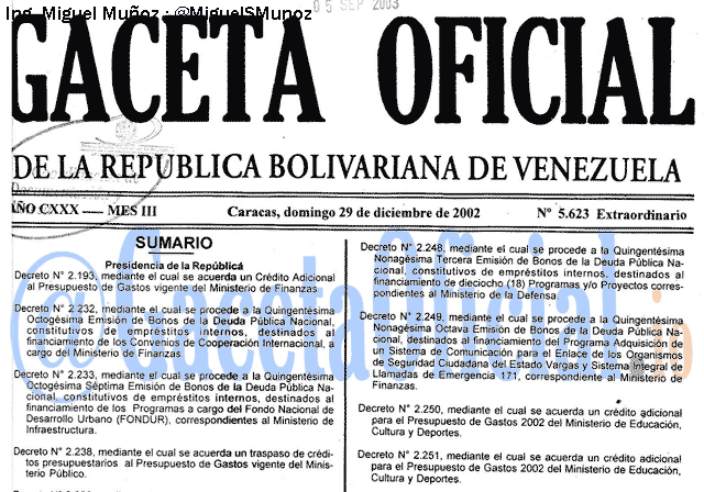Gaceta Oficial 5623 del 29 Diciembre 2002