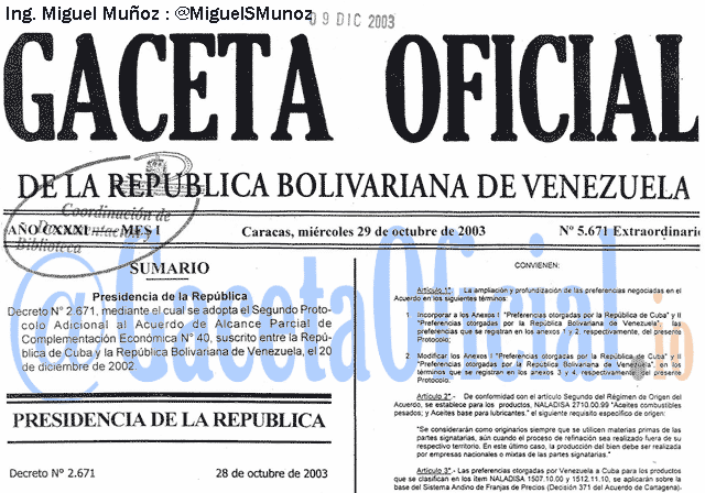 Gaceta Oficial 5671 del 29 Octubre 2003