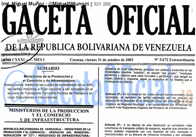 Gaceta Oficial 5672 del 31 Octubre 2003