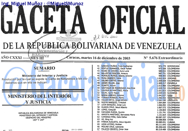 Gaceta Oficial 5676 del 16 Diciembre 2003