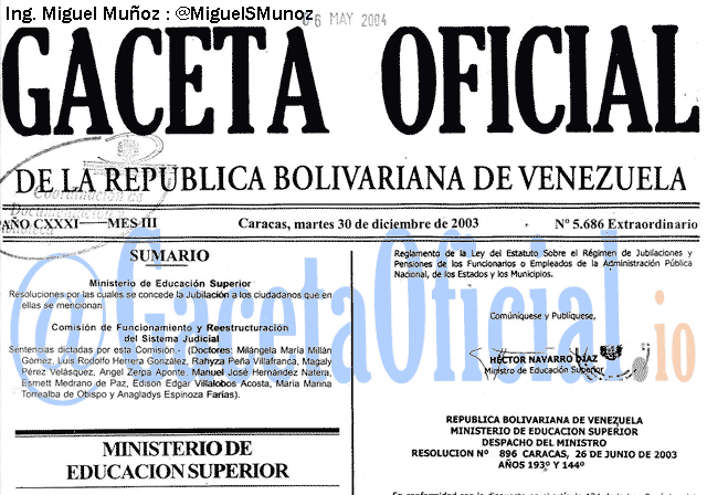 Gaceta Oficial 5686 del 30 Diciembre 2003