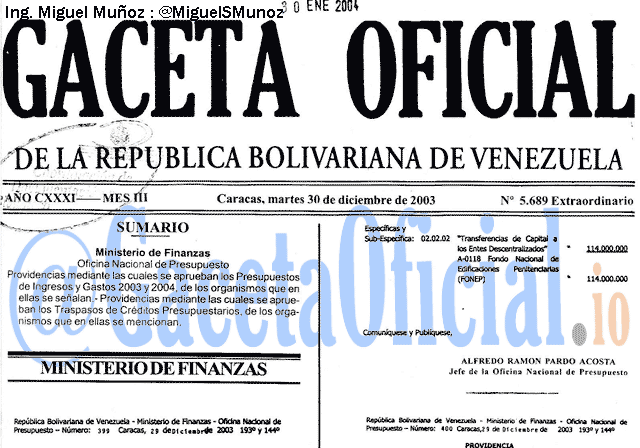 Gaceta Oficial 5689 del 30 Diciembre 2003