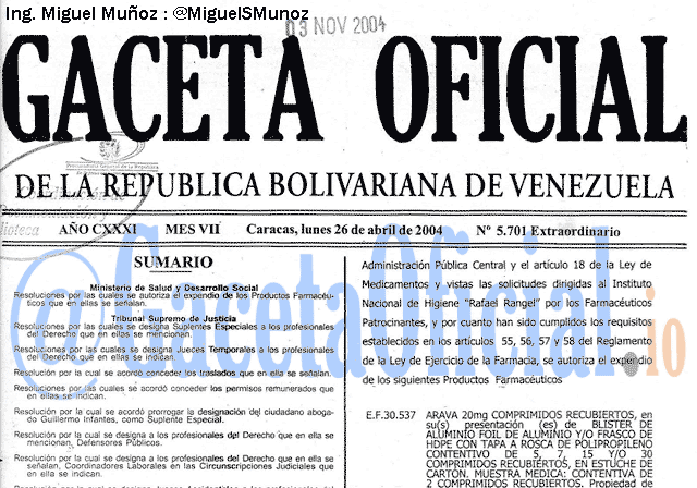 Gaceta Oficial 5701 del 26 Abril 2004