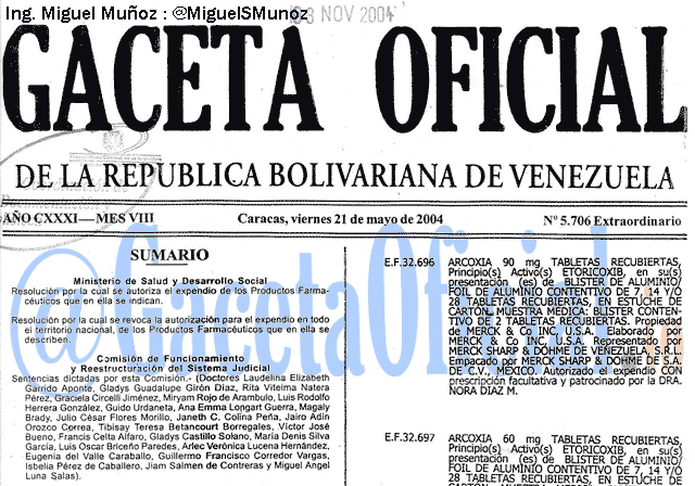 Gaceta Oficial 5706 del 21 Mayo 2004