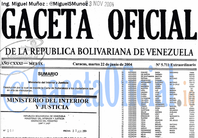 Gaceta Oficial 5711 del 22 Junio 2004