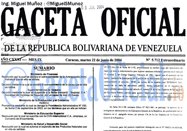 Gaceta Oficial 5712 del 22 Junio 2004