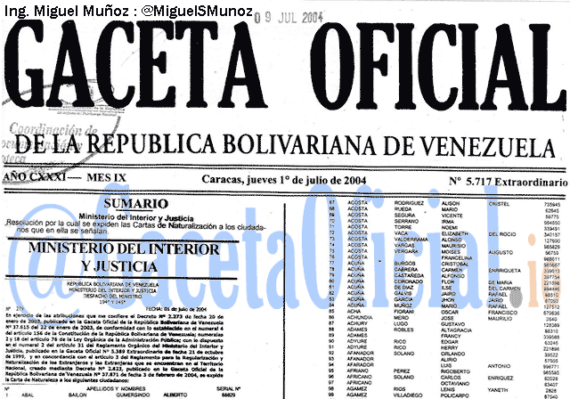 Gaceta Oficial 5717 del 1 Julio 2004